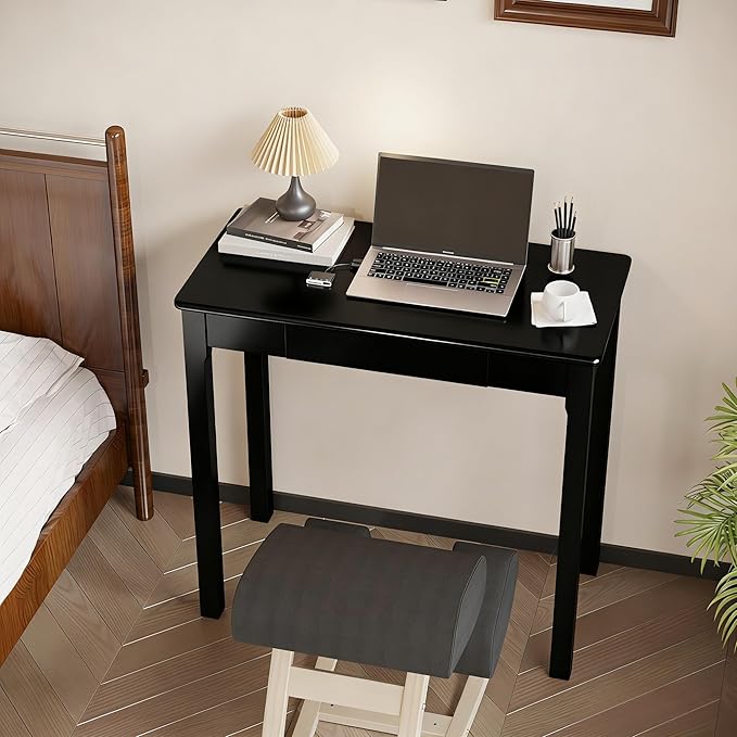 Solid Wooden Desk with Drawers - 32 x 16 Inch Narrow Desks for Small Spaces, Rubberwood Simple Study Table, Small Writing Desk for Bedroom - Modern Black Desks