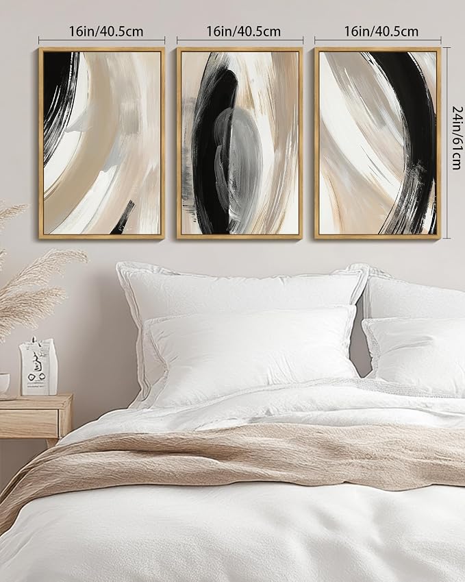 KUVIOKE Black Abstract Framed Wall Art Neutral Minimalist Graffiti Pastel Wall Decor Modern Illustration Art Painting for Bedroom Dining Room 16x24in (Natural Framed)