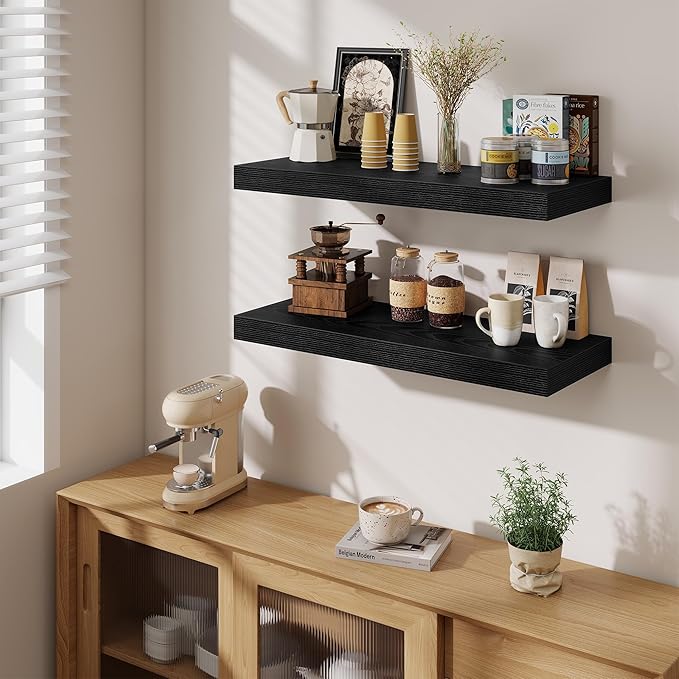 Fun Memories 32 x 12 Floating Shelves Wall-Mounted - Rustic Wood Shelf - 12 Inch Deep Floating Shelves for Wall - Large Storage Shelf for Bathroom - Kitchen & Bedroom - Black - Set of 2