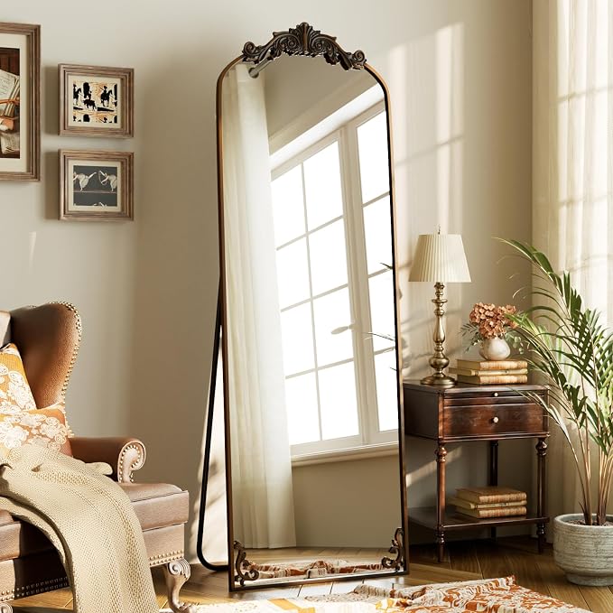HARRITPURE Vintage Full Length Mirror - 64"x21" Arched Large Floor Standing Mirrors, Baroque Carved Aluminum Frame for Bedroom, Living Room, Entryway,Bronze