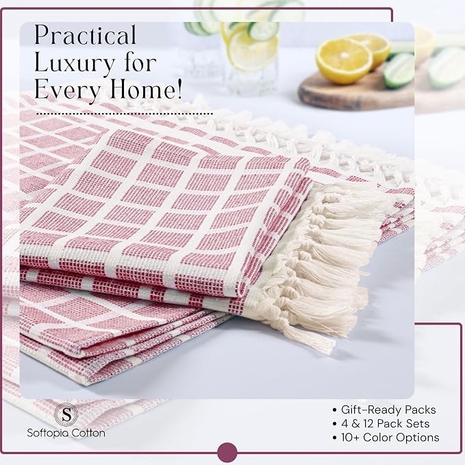 Matrix Dobby Kitchen Towels Set of 12, 100% Cotton, Combo Pack, 16"x26", Absorbent Tea Towels with Handmade Tassels, Reusable Cleaning Cloths - Rose Pink, Burgundy, Mustard Yellow