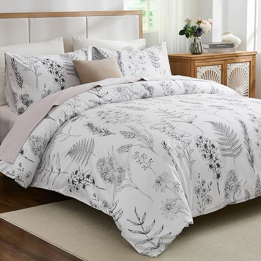Cozeline 100% Cotton Duvet Cover King Size, Black and White Leaf Pattern Bedding Set with Zipper Closure, 3 Pcs Breathable and Soft Floral Duvet Cover for All Season