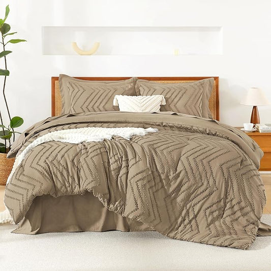 Litanika Taupe Queen Size Comforter Set with Sheets - 7 Pieces Bed in a Bag Queen Boho Tufted Complete Bedding Sets with Comforter, Sheets, Pillowcases & Shams