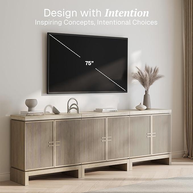 BELLEZE Set of 3 Anton 2 Door Sideboard Buffet Cabinet with Travertine-Look Top, Fluted Reeded Doors, Adjustable Shelf Storage Credenza for Dining Room Living Room Entryway, Travertine Greige