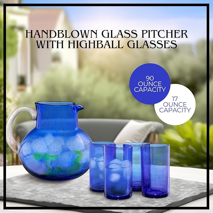 ARTLAND Iris 90oz Glass Pitcher & 17oz Highball Cup (Set of 4) - Handcrafted Drinkware, Unique Bubble Design Lead-Free Glass for Serving Beverages, Home Dining, Entertaining Essentials (Cobalt Blue)