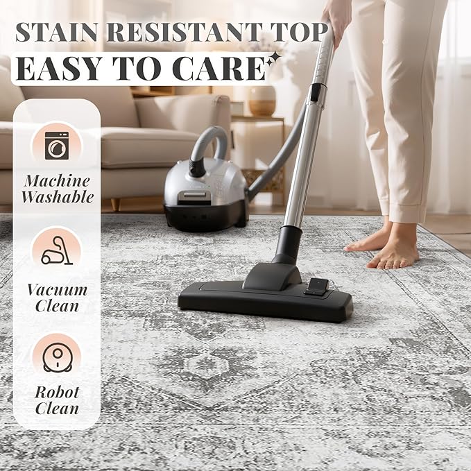 Area Rug 5x7 Vintage Rugs: Washable Indoor Medallion Rug Low Pile Distressed Floor Carpet Retro Accent Rugs for Living Room Bedroom Kitchen Dining Table Home Office(Grey, 5'x7')