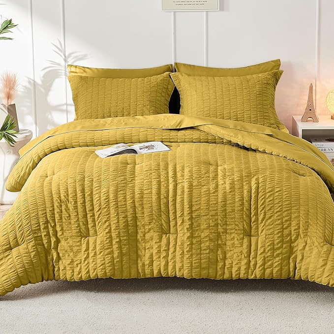 HYMOKEGE Mustard Yellow California King Comforter Set Seersucker 7 Pieces, All Season Luxury Bed in a Bag for Bedroom, Bedding Set with Comforter, Sheets, Pillowcases & Shams