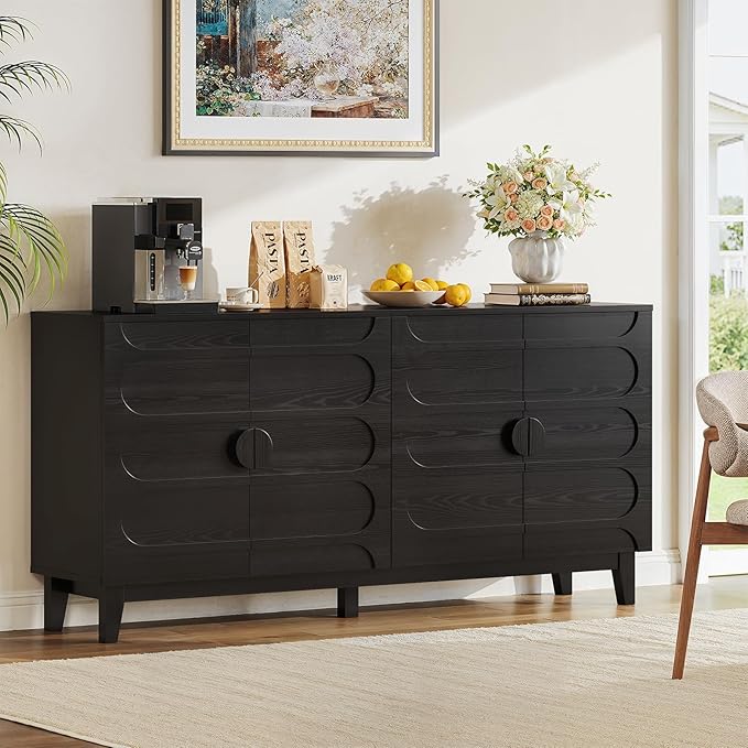 ONBRILL 63" Sideboard Buffet Cabinet with Storage, Large Buffet Cabinet with 4 Circular Panel Design Doors and Adjustable Shelves, Modern Sideboard for Living Room, Kitchen (Black)