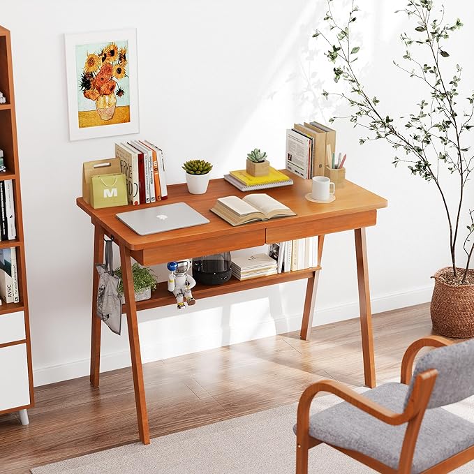 100% Solid Wood Writing Desk - 39.4" Mid Century Modern Home Office Desks, Small Computer Desk for Small Spaces with 2 Drawers and Storage Shelf, Laptop Study Table for Bedroom/Living Room, Walnut