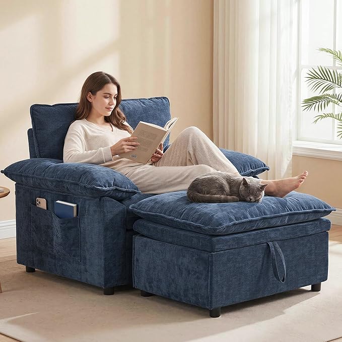 Furnimart Oversized Accent Chair with Storage Ottoman, Super Plush Cloud Chair with Chunky Cushion, Comfy Chenille Chaise Lounge, Dark Blue Lounge Chair for Living Room Bedroom Reading Nook