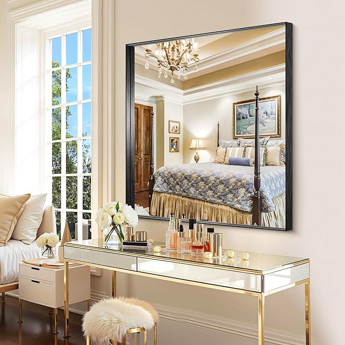 CIRCUMI Black Bathroom Mirror, 36"x40" Rectangular Mirror with Deep Metal Frame, Brushed Finish, Tempered Glass, Mirror for Wall, Oversink, Bedroom, Installed Vertically/Horizontally, Crystal-Clear