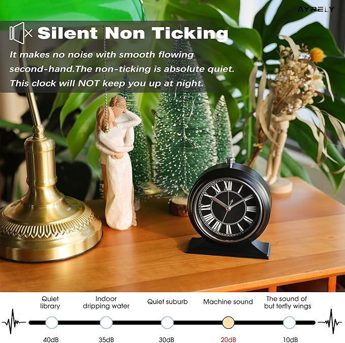AYRELY® 4-inch Battery Operated Alarm Clock Silent Analog Desk Clocks with Light Vintage Metal Table Clock for Living Room Shelf Bedside Home Decor (Black-Roman)