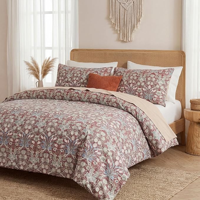 Cozeline 100% Cotton Duvet Cover Queen Size, Red Paisley Print Bedding Set with Zipper Closure, 3 Pcs Breathable and Luxury Duvet Cover for All Season