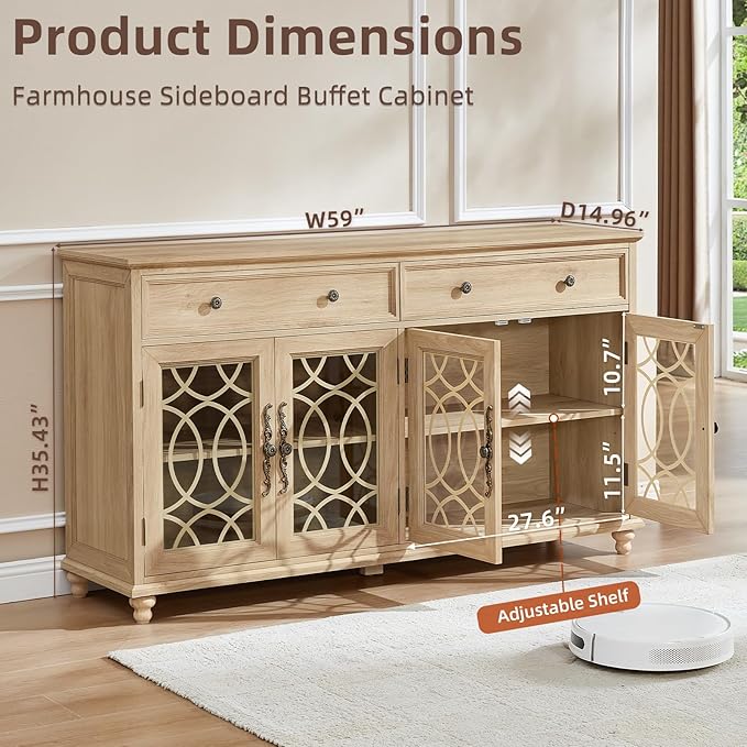 Large Sideboard Buffet Cabinet Set of 2 with Storage,59" Credenza with 4 Glass Doors & 2 Drawers,Adjustable Shelves Coffee Bar,Wood Kitchen Console Table for Dining Room,Natural