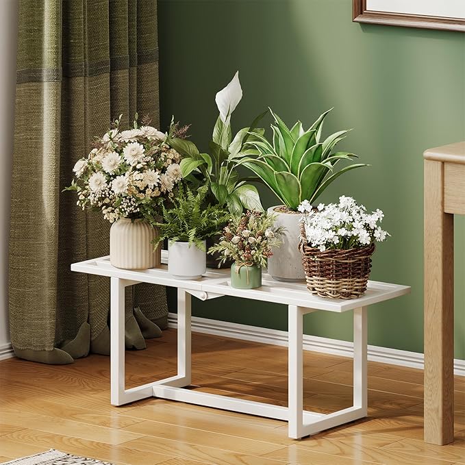 2 Pack Metal Plant Stand, Foldable Heavy Duty Indoor, Window Iron Plant Shelf - Mid Century Modern Slatted Bench for Patio, Garden, Living Room Load Bearing 330 lbs 26" L x 10.4" H x 8.6" W 1 Tier White