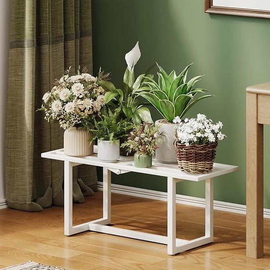2 Pack Metal Plant Stand, Foldable Heavy Duty Indoor, Window Iron Plant Shelf - Mid Century Modern Slatted Bench for Patio, Garden, Living Room Load Bearing 330 lbs 26" L x 10.4" H x 8.6" W 1 Tier White