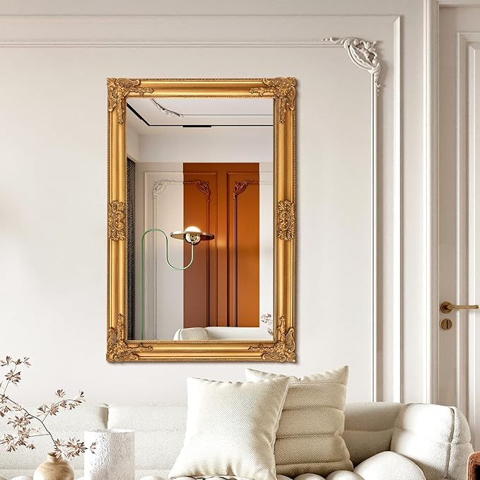 24"x36" Vintage Gold Baroque Wall Mirror, Ornate Antique Style Decorative Mirror for Entryway, Living Room, Fireplace Mantel, Hallway
