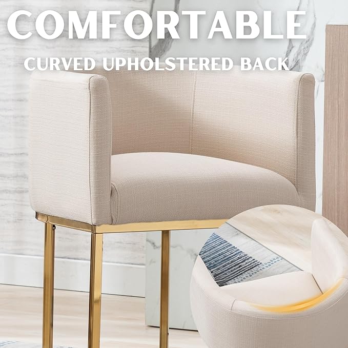 Contemporary Cream Linen Bar Stool, 24" Upholstered Fabric Counter Height Barstool Kitchen Counter Island Stool with Golden Metal Base, Cream