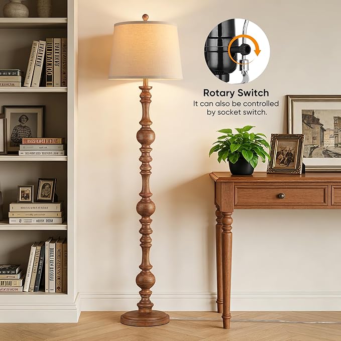 QiMH Vintage Floor Lamp for Living Room,61" Tall Rustic Standing Lamp with Linen Lampshade, Rotary Switch Farmhouse Floor lamp for Bedroom, Corner, Dining Room, Home Decor, Wood Grain