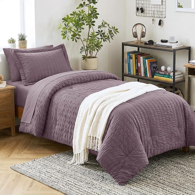 CozyLux Twin Comforter Set with Sheets 5 Pieces, Dusty Purple Seersucker Luxury Textured Bed in a Bag, Grayish Purple All Season Bedding Set with Down Alternative Comforter, Sheets, Pillowcase & Sham