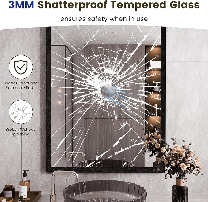 WEER Black Framed Mirror for Bathroom, 22x30 Inch Framed Bathroom Mirror, Rectangular Wall Mounted Mirror, Matte Black Vanity Mirrors, Tempered Glass, Vertically or Horizontally, Anti-Rust