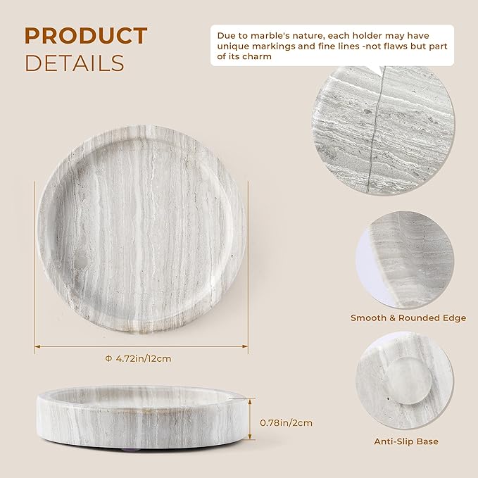 WORHE Candle Holders Italy Premium Natural Marble Candlestick Holder for Jar Pillar Candles Large Round Coaster Plate Jewelry Tray Centerpiece for Wedding Dining Table Home Decor Light Grey (WH074)