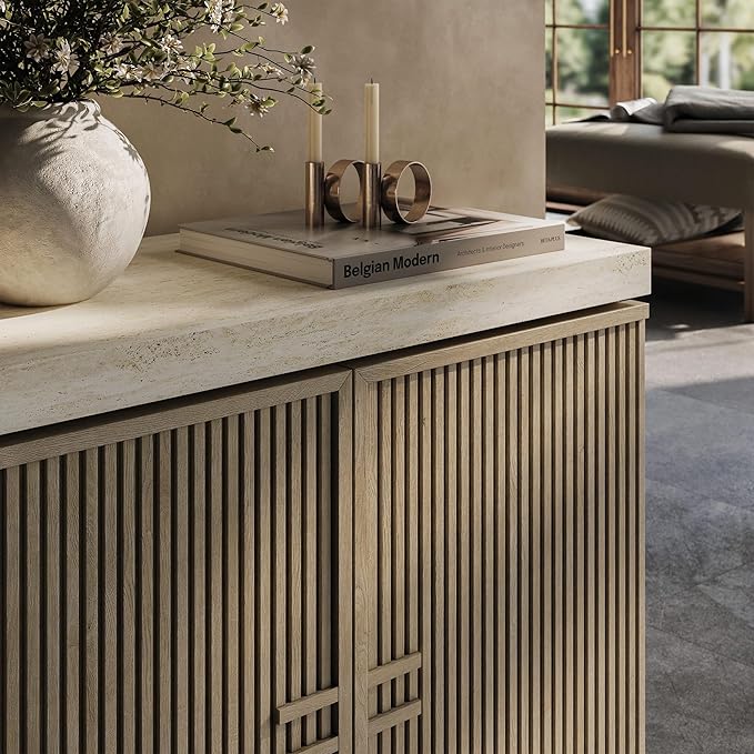 BELLEZE Set of 4 Anton 2 Door Sideboard Buffet Cabinet with Travertine-Look Top, Fluted Reeded Doors, Adjustable Shelf Storage Credenza for Dining Room Living Room Entryway, Travertine Greige