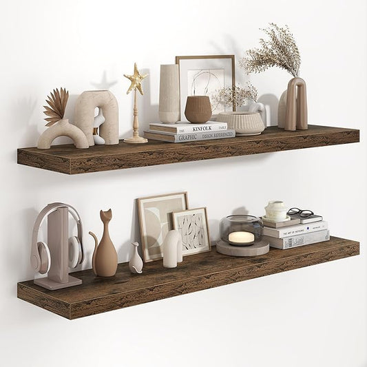 48"W x 9.3"D Floating Shelves for Wall, Wall Mounted Bathroom Shelves 2 Pack Deep Floating Shelf for Bedroom Kitchen Living Room, Rustic Wooden Wall Shelf with Invisible Bracket for Books Decor