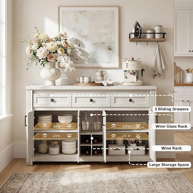 Buffet Sideboard with Storage, 55" Large Kitchen Storage Cabinet with 4 Doors, Wine Rack & Glass Holder, Farmhouse Wood Coffee Bar Buffet Table with Shelves for Kitchen, Dining Room, White