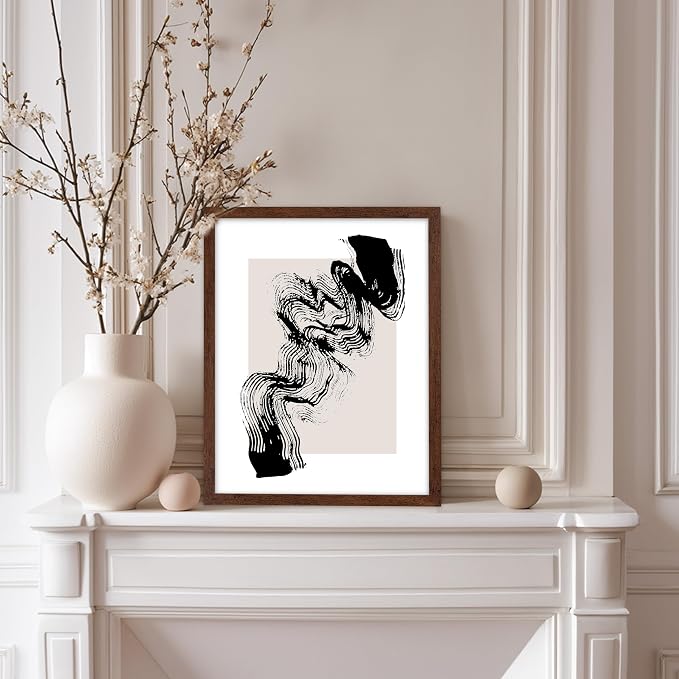 Poster Master Brush Waves Poster - Black Brush Wave Stroke Print - Abstract Design - Drawing Artwork - Mid Century Modern Art - Minimal Design - Living Room or Bedroom Wall Decor - 11x14 Brown Framed