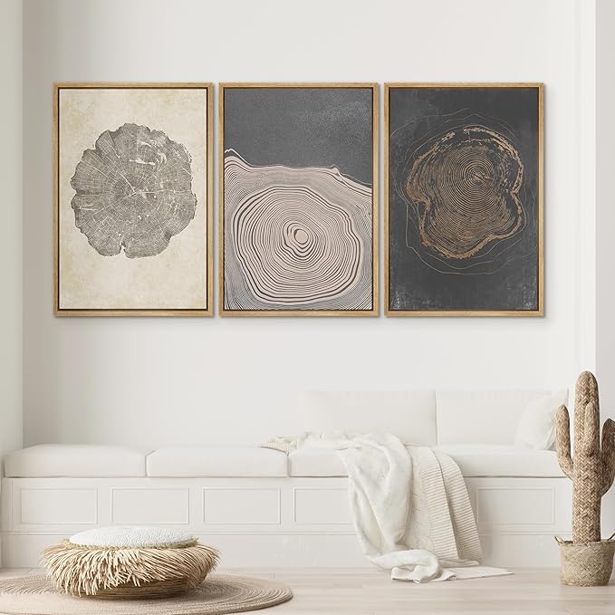 SIGNWIN Framed Canvas Print Wall Art Set Pastel Gray Wood Tree Ring Spirals Nature Abstract Drawings Modern Art Decorative for Living Room, Bedroom, Office - 16"x24"x3 Natural