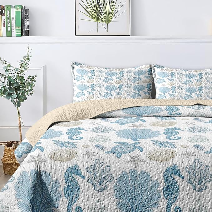 Pamnest Quilt Set Twin Size, Sea Shell Coral Seahorse 2 Pcs Soft Bed Cover Bedding Set for Kids and Adults, Starfish Nautical Lightweight Bedspread Coverlet with Pillow Sham for All Season