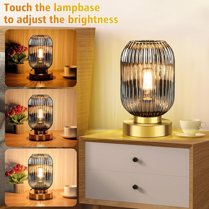 Mid Century Modern Table Lamp with Smoke Grey Ribbed Glass Shade, Touch Control & 3 Way Dimmable, Small Gold, Vintage Bedside Lamp for Bedroom, Living Room, Office (Bulb Included)