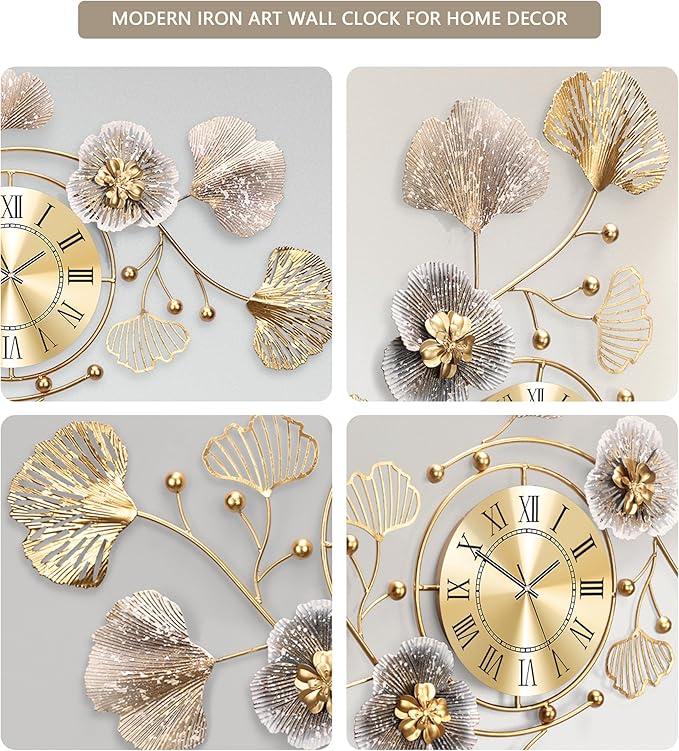 Clocks for Living Room, Large Wall Clock, 3D Silent Wall Clock, Retro Metal Ginkgo Leaf Design, for Bedroom Kitchen Decorative Wall Clocks（35''x20'' ）