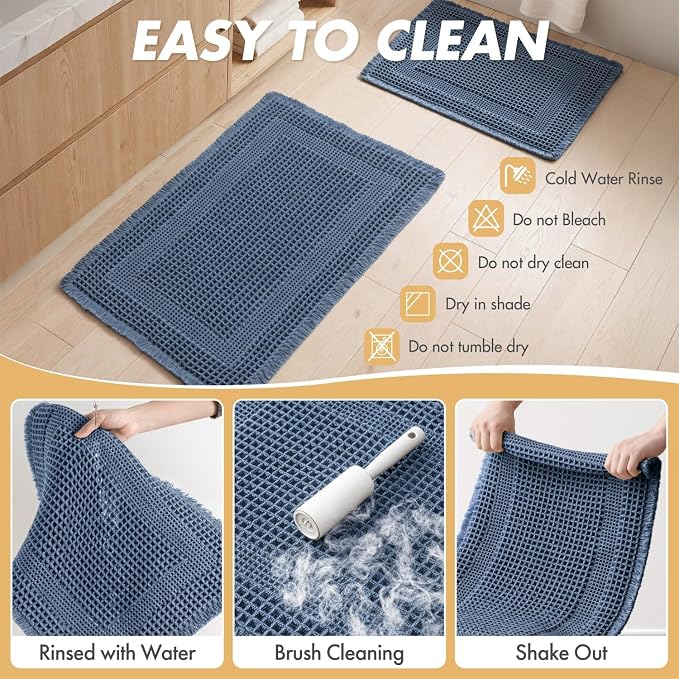MIULEE Set of 2 Waffle Bathroom Rugs, Boho Bath Rugs Non Slip Washable, Super Absorbent, Ultra Soft Rubber Backed Shower Bath Mats for Floor, Tub, Shower, Looped Design, Blue, 18x30 Inch