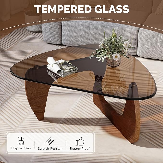 Modern Glass Coffee Table, Triangle Center Table with Tempered Glass Top& Unique Wooden Base, 42.5” Mid Century Tea Tables for Living Room, Apartment, Office,Walnut & Brown