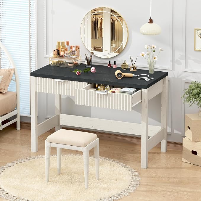YOMILUVE Fluted Computer Desk with 2 Drawers, 39 Inch Small Computer Desk with Storage, Compact Writing Study Desk for Small Spaces, Black and White