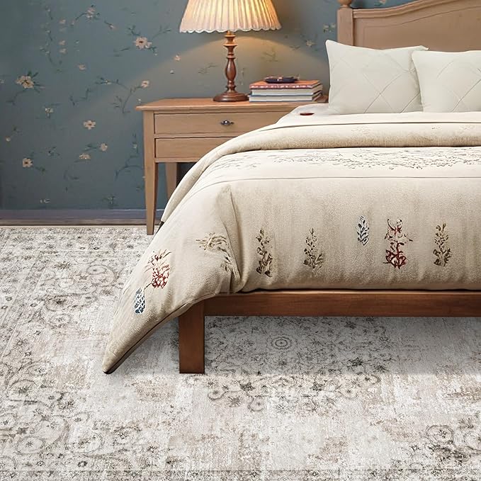 Area Rug 5x7 Vintage Rug: Washable Indoor Medallion Rugs Low Pile Distressed Floor Carpet Retro Accent Rug for Living Room Bedroom Kitchen Dining Table Home Office(Distressed Taupe, 5'x7')