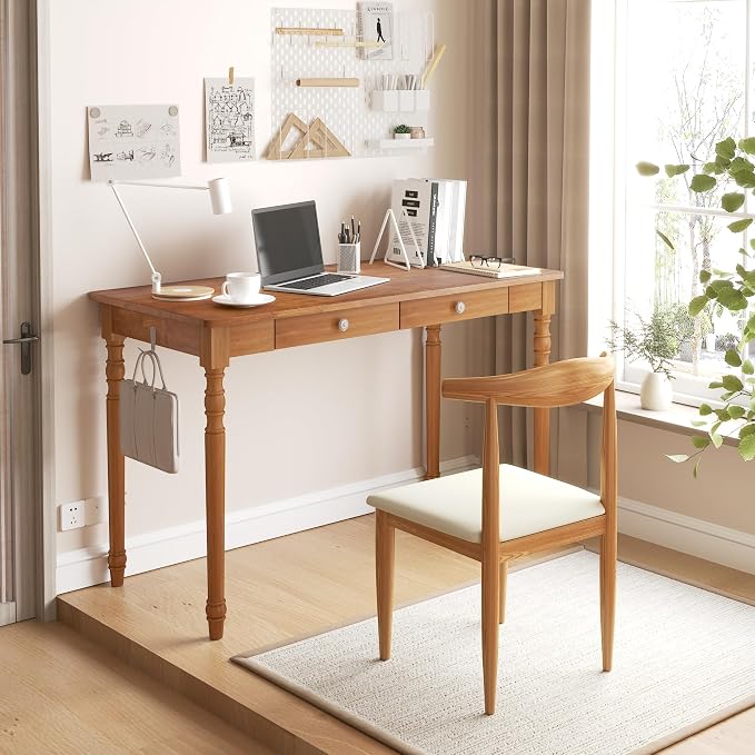 48 Inch Mid Century Modern Desk - Rubber Wood Desk with Drawers, Vintage Desks with 2 Hooks, Mid Century Desks for Bedroom, Living Room & Office, Walnut Color