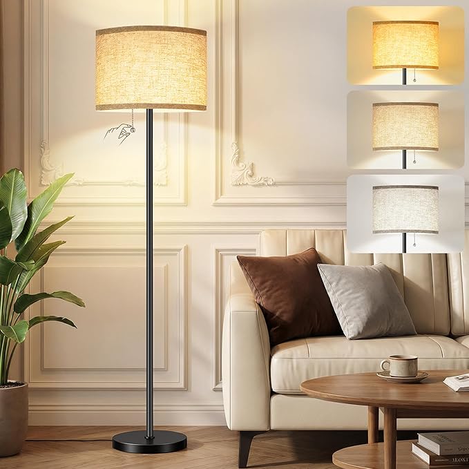 Floor Lamp, Floor Lamps for Living Room 3 Color Temperature Standing Lamp with Pull Chain Switch, Black Floor Lamp with Lampshade, Modern Tall Light for Bedroom Office(9W Bulb Included)