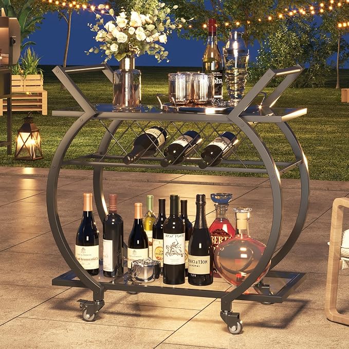 LVB Bar Cart with Glass, Black Bar Cart with Wheels, Home Bar Serving Cart with 2 Tier Storage Glass Shelves, Wine Cart with Wine Rack, Liquor Cart for Kitchen, Bar, Dinning Room