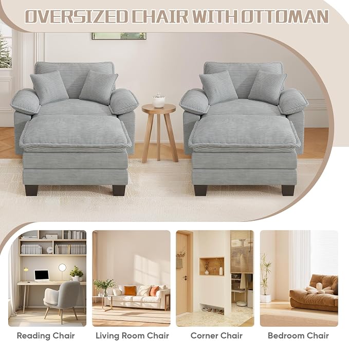 Chaise Lounge Chair Indoor, Oversized Accent Chairs with Ottoman, Luxury Corduroy Upholstered Deep Seat Sleeper Sofa Reading Chairs and A Half with Pillows for Living Room, Bedroom, Apartment, Grey