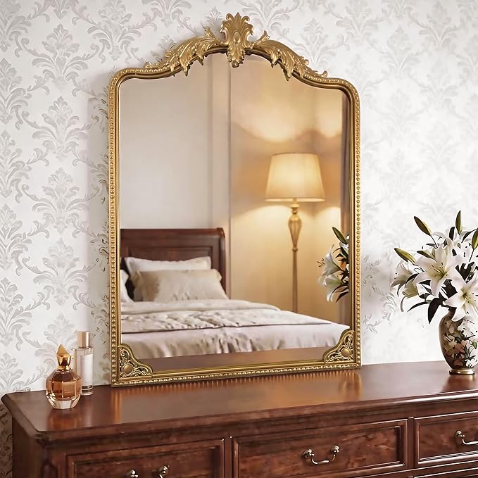 Vintage Gold Arched Mirror 28"x40" - Large French Baroque Ornate Metal Frame Beaded Wall Mirror - Traditional Antique Wall Decor Mirror for Entryway, Fireplace, Living Room,Bedroom