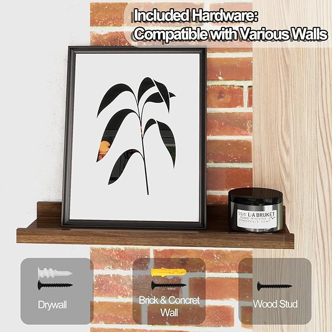 Floating Shelves for Wall Decor, Wall Mounted Wood Storage Shelf for Bedroom, Living Room, Bathroom, Kitchen, Nursery, Rustic Display Picture Ledge Shelf with Lip Set of 2-16 Inches, Walnut