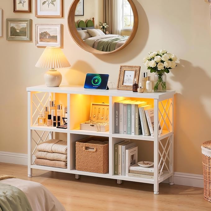 DurayLoly 6 Cube Storage Organizer with LED Light and Charging Station, Wood and Metal Cube Shelf as White Horizontal Book Shelf for Bedroom Home Office