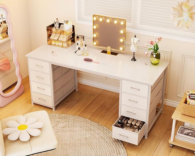 ODK 55 Inch Computer Desk with 8 Fabric Drawers, Modern Office Desk with Large Storage for Home Office, Study, Gaming, White