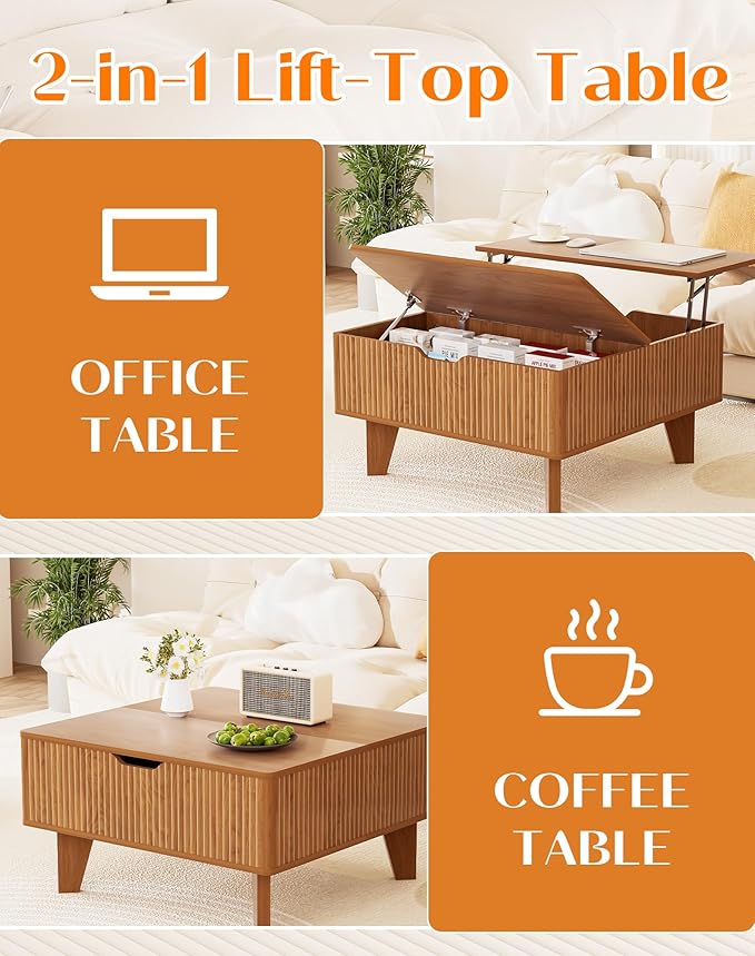 29.7" Lift Top Coffee Table with Storage, Square Wood Fluted Coffee Table for Living Room, Mid Century Modern Center Table with Flip-Top Design for Small Space, Walnut