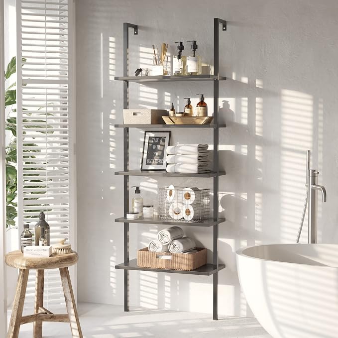 Furmax 5-Tier Bookshelf, Wall Mount Ladder Shelf with Wood Board and Industrial Metal Frame, for Home Office, Living Room, Bedroom, Entryway and Hallway, (1, Black)