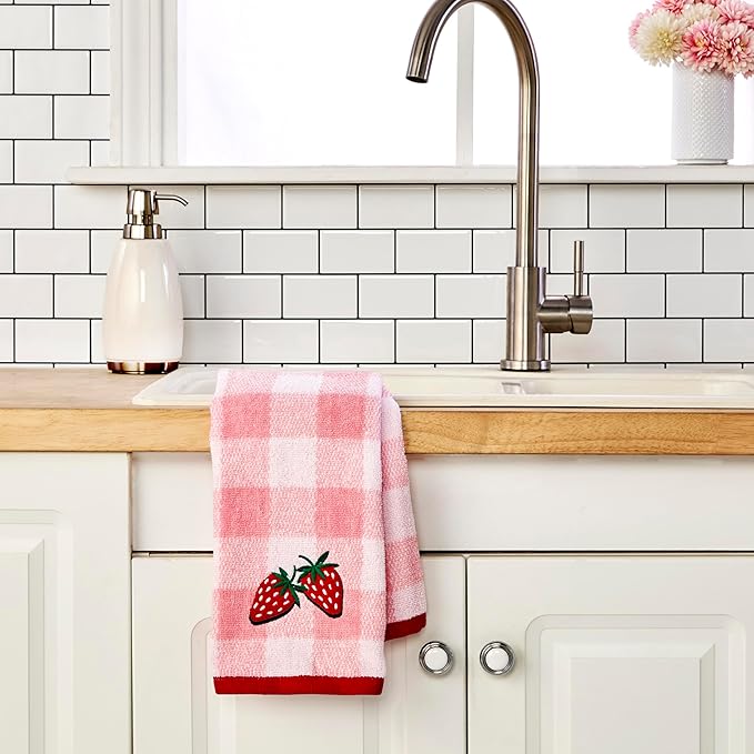 SKL Home Buffalo Plaid Strawberry 100% Cotton Jacquard 2pc Hand Towel Set, Embroidered & Decorative for Bath/Kitchen/Bar & Gift, Pink