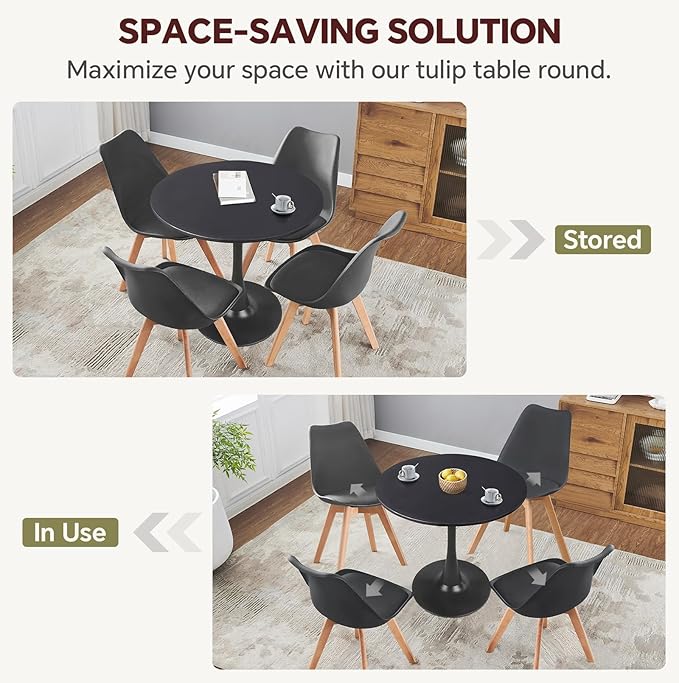 Round Dining Table 31.5" Black Tulip Table with Pedestal Base for 2-4 People Small Space - Kitchen Living Room Cafe
